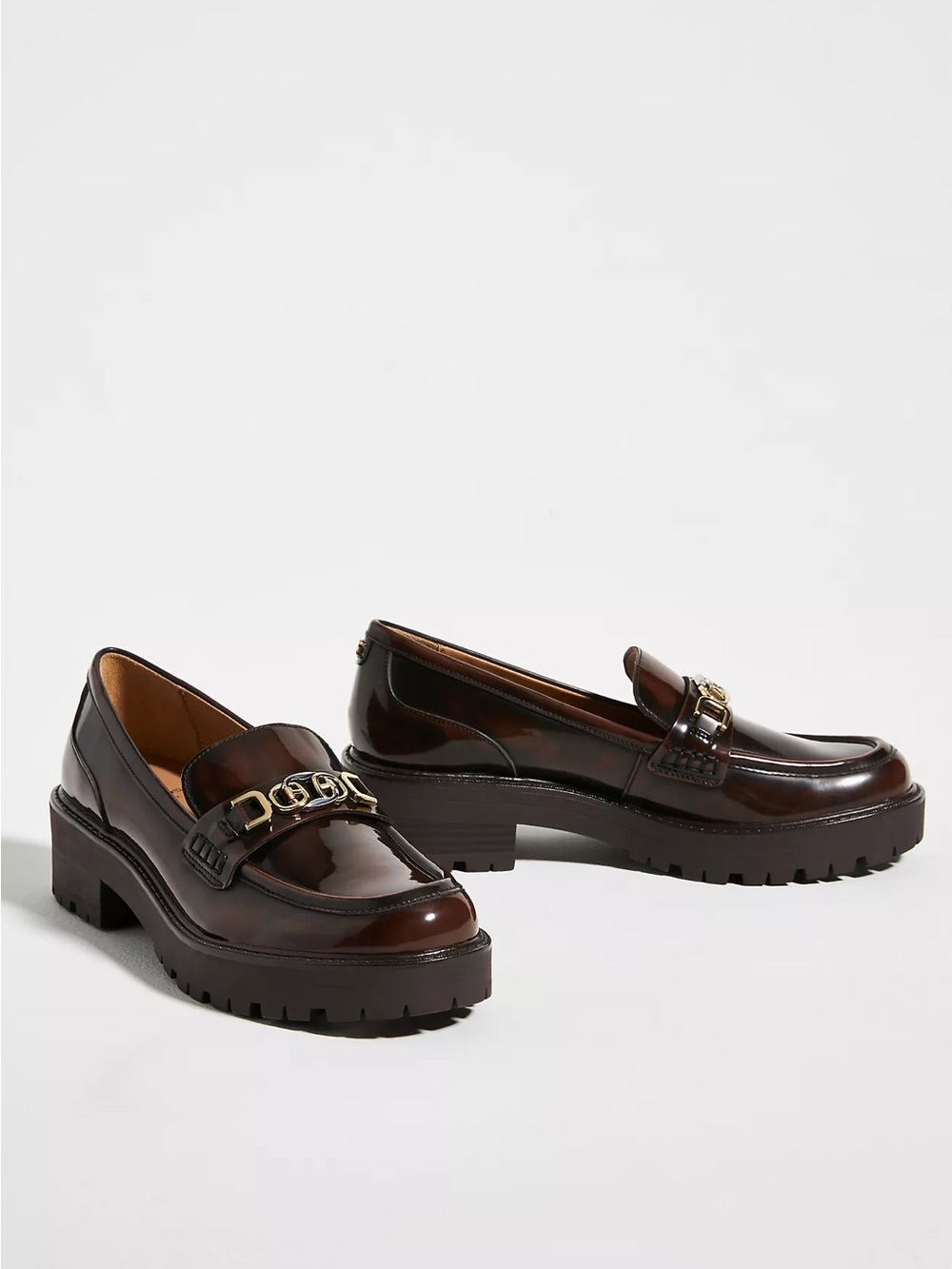 Sam Edelman Brown Leather Loafers with Gold Chain Accent